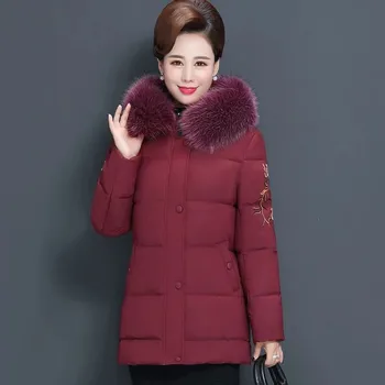 Stredného Veku, Ženy Zimná Bunda 2020 Nové Kapucňou Hrubé Teplé Ženy Parkas Krátke Vyšívané Bavlnené Vatovaný Kabát Plus Veľkosť 5XL W2213