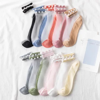 1 Pár Letných Tenké Pearl Transparentné Sklenené Vlákna, dámske Ponožky Populárne na Jar a v Lete kórejský Bavlna dámske Ponožky