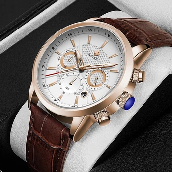 WWOOR 2021 Top Značky Luxusné Hodinky Mužov Klasické Kožené Business Quartz Kalendár Chronograf Nepremokavé náramkové hodinky Reloj Hombres 5