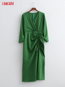 Tangada 2021 Jeseň Fashion Ženy Zelená Skladaný Šaty V Krku Dlhý Rukáv Office Dámy Midi Šaty 1D400