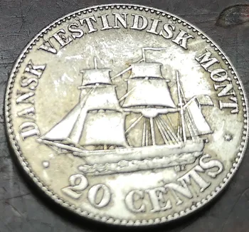 1878 dánska West Indies 20 Centov-Christian IX Strieborné Pozlátené Kópiu mince