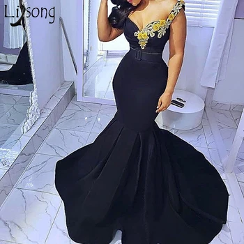 Elegantné Čierne Morská víla Dlhé Večerné Šaty 3D Kvet Korálkové Dlho Ženy Formálnej Strany Skromné Šaty Prom Šaty 2020