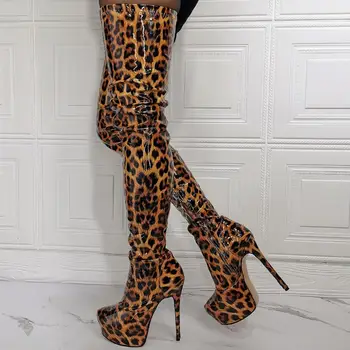 Ženy Rozkroku Vysokú Platformu Topánky Lesklé Patent Leopard Bočné Zip Stiletto Stehná Vysoké Podpätky, Topánky Cosplay Plus Veľkosť 44 46 50 52