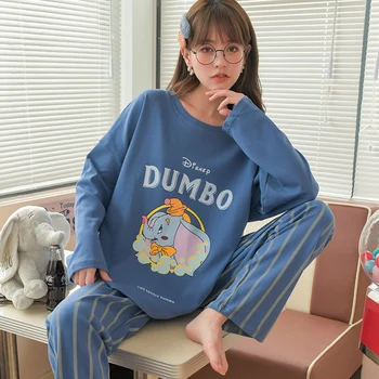 Disney Dumbo Roztomilý Kawaii Ženy Pyžamo Nastaviť Sleepwear Zimné Top a Pruhované Nohavice Mujer Pijamas Odev Bavlnené Pyžamá Vyhovovali 2KS