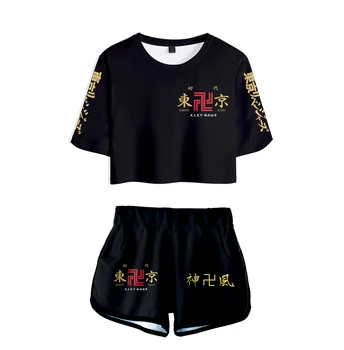 Hot Predaj 3D Komické Tokio Revengers dámske dvojdielne plavky Sady Populárne Vystavení Pupok tričko +krátke Nohavice Príležitostné Letné Dievčatá Čiernych Oblekoch 0