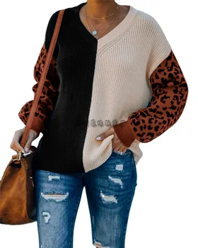 2021 jesenné a zimné nové voľné tvaru žien pletený sveter, šitie leopard tlač pulóver žien sveter