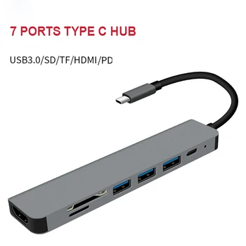 7 Porty USB C HUB 7 in1 Typ C rozbočovač HDMI 4K pre Macbook Pro Samsung, Dell Huawei Typ c notebooky PD nabíjanie a prenos dát