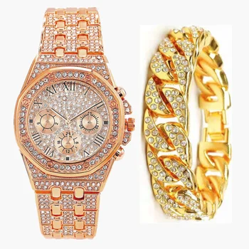 Chladný Ľadový Sa Pozerať + Náramok pre Mužov, Ženy, Pár Luxusné Hodinky Gold Diamond Muži Hodinky s Kubánskej Reťazca Šperky Dropshipping 0