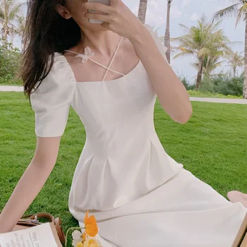 HOUZHOU Biele Šaty Ženy Sexy Elegantné Vintage Víla Lístkového Rukáv, Dlhé Šaty Letné Beach Štýl Strana Oblečenie 2021 Móda