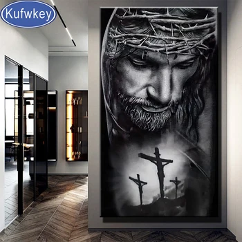 Korunu z Tŕnia Ježiš diamond maľovanie na Stenu Krista Diamond výšivky mozaiky Boží Obraz black white Umenie Pre Home Decor 1