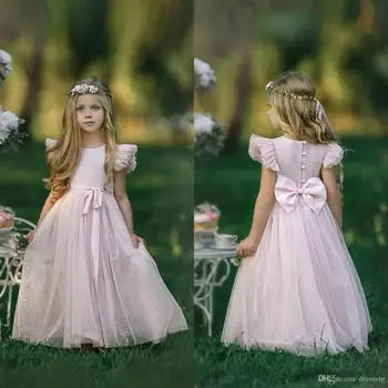 2021 Roztomilý Ružový Kvet Dievča Šaty Čipky Flitrami Riadok Čipky Prvé Sväté Prijímanie Šaty Jewel Krku Prom Šaty Party Oblečenie