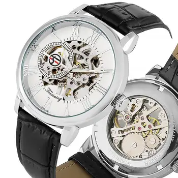 Pánske Náramkové hodinky Kostra Mechanické Hodinky Luxusné Duté Z Ručne vinutých Kožený Remienok 5