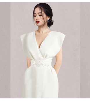 SMTHMA High-Dnd francúzsky Elegantné Biele Letné Šaty, Oblečenie Pre Ženy, Temperament tvaru Party Šaty Vestidos S Pásom 0