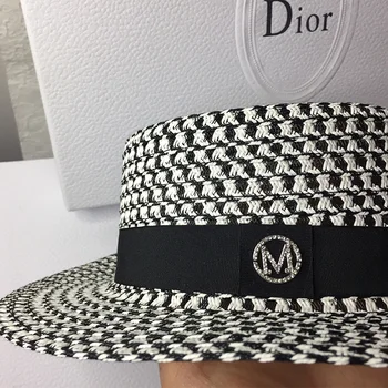 Slamený klobúk žien tkané flat top hat opaľovací krém diamond-studded M cylinder slnko klobúk letné vonkajšie klobúk vlastné slnko klobúk