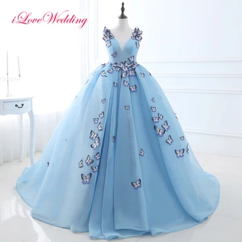 Móda Svetlo Modrá Svadobné Šaty Plesové Šaty S Butterfly Nášivka Ramena Výstrih Dlhé Svadobné Šaty Princezná