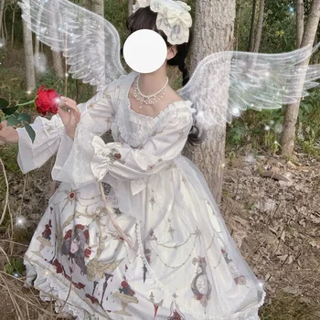 2021 Japonský Mäkké Dievča Lolita Šaty Sen Čipky Rukáv Cartoon Biela OP Šaty S Bočným Klip Veľkosť S-L