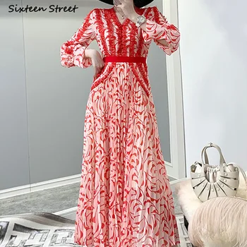 NOVÉ Jeseň Skladaný Maxi Šaty pre Ženy tvaru Dráhy Party Šaty Dámske Čipky Patchwork Oblečenie Žena Vestidos Svietidla Rukáv