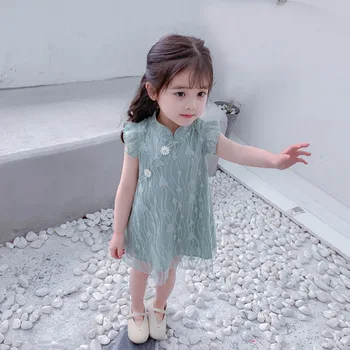 Dieťa Čipky Letné Šaty Bez Rukávov Čínsky Štýl Cheongsam Princezná Oblečenie Čipky Dieťa Nosiť Dieťa Výkon Oblečenie 1
