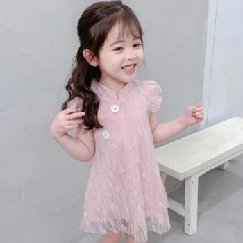 Dieťa Čipky Letné Šaty Bez Rukávov Čínsky Štýl Cheongsam Princezná Oblečenie Čipky Dieťa Nosiť Dieťa Výkon Oblečenie 3