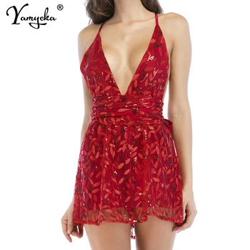 Nový Sexy V Krku Červené flitre letné šaty žien obväz Backless pláži bodycon šaty elegantné vinobranie, Nočný klub šaty vestidos