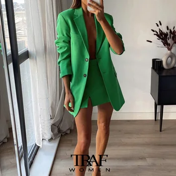 TRAF Za Ženy Móda Singel svojim Dlhé Zelené Sako Kabát Vintage Predné Štrbinou Vysoký Pás Mini Sukne Ženy Sady Mujer