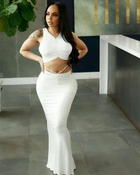 Prowow Biela Farba Ženy Oblečenie Set sa tvaru Korzet Topy Maxi Sukne Dve Kus Zodpovedajúce Obleky pre Lady 2021 Nové Letné Streetwear