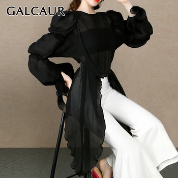 GALCAUR kórejský Módne Čierne Tričko Pre Ženy Kolo Golier Lístkového Rukáv Asymetrické Lem Pevné Blúzka Ženské Oblečenie 2021 Jeseň