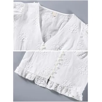 Čipky Tričko Ženy, Biela Výšivka Blúzka 2020 Jeseň Nové Retro Vysoký Pás Krátke tvaru Lístkového Rukáv Blusas Mujer De Moda 10536