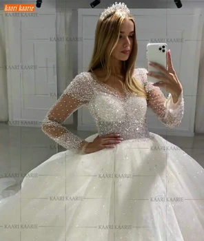 Lesk Biele Svadobné Šaty 2021 V Krku Korálkové Crystal Organza Plesové Šaty, Svadobné Šaty, Dlhé Rukávy Šité Svadobné Šaty