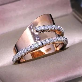 Úplne Nové Trendy ružové Zlato Prstene pre Ženy Asymetrické Žiarivý Zirkón Okolité Módne Populárne Tvorivé Snubné Prstene