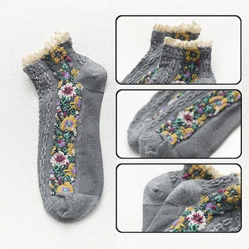 Jar, Jeseň Ženy Bavlnené Ponožky Retro Vintage Štýle Kvet Vyšívanie, Tkať Čipky Ponožka Žena Japonský Harajuku
