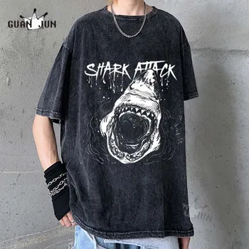 Shark Attack Umyté T-shirt Muži Ženy Gotický Tees Lete 2021 Harajuku Streetwear Bavlna Voľné Krátky Rukáv Nadrozmerné T-shirt