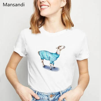 Akvarel Lama zvierat vytlačené tričko ženy zábavné tričká femme harajuku kawaii oblečenie letné topy žena t-shirt