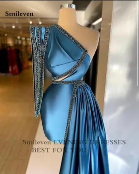 Smileven Modrá Merrmaid Formálne Večerné Šaty Jedno Rameno Korálkové Elegantné Šaty Ples Nové Celebrity Party Šaty Na Zákazku 0