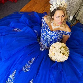Opuchnuté Plesové Šaty, Quinceanera Šaty Kráľovskej Modrej Appliques Čipky Prom Šaty 2020 Ramena Korálkové Crystal Sweet 16 Šaty 0