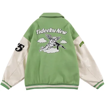2021 Harajuku Streetwear Varsity Jacket Amor Uterák Výšivky Patchwork Baseball Bundy Hip Hop Móda Pár College Coats