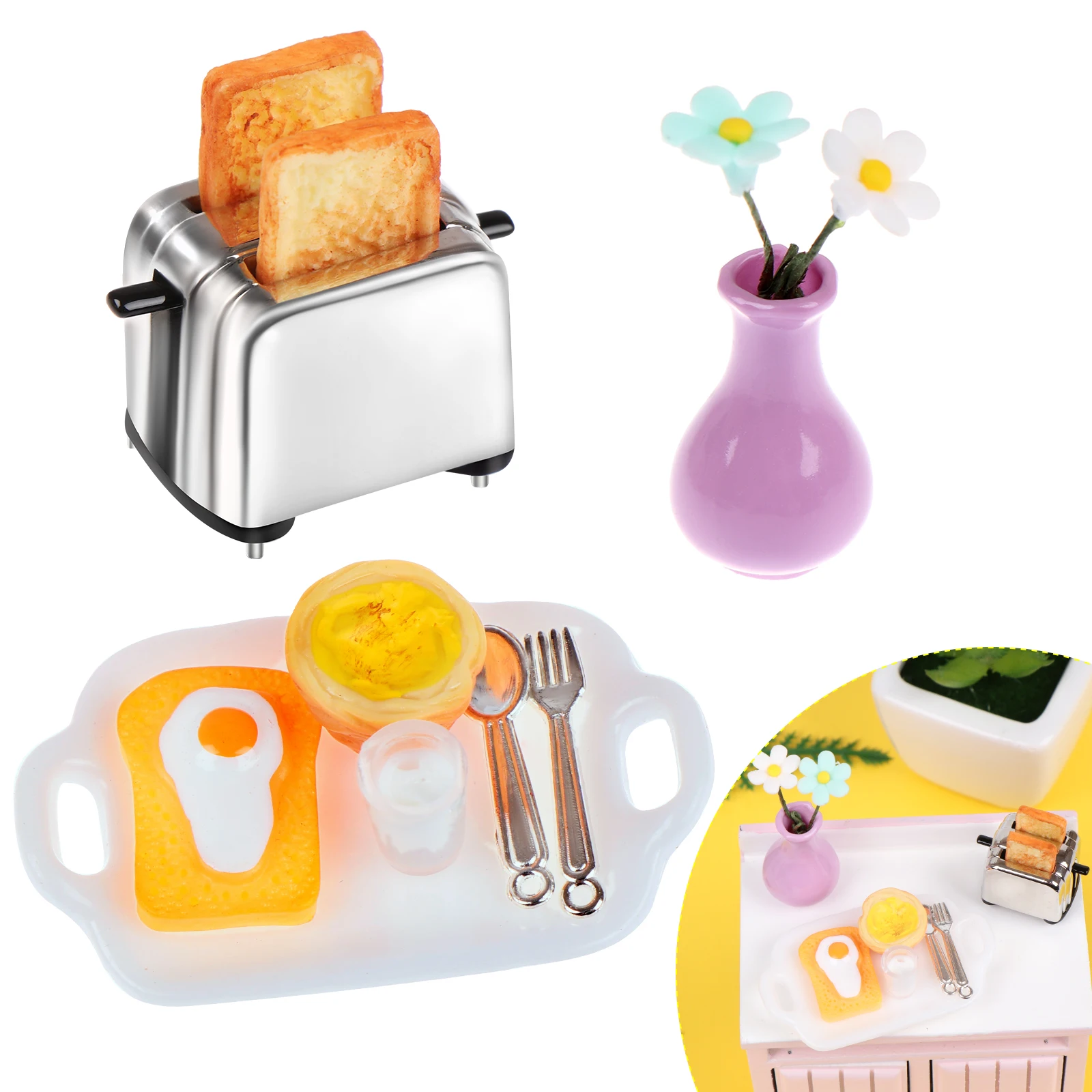 1Set domček pre bábiky Simulácia Mini Kuchyňa Scény Jedlo Dekorácie Raňajky Predstierať, že Hrať Mlieko Vajcia Model Chlieb Stroj S Toast 1