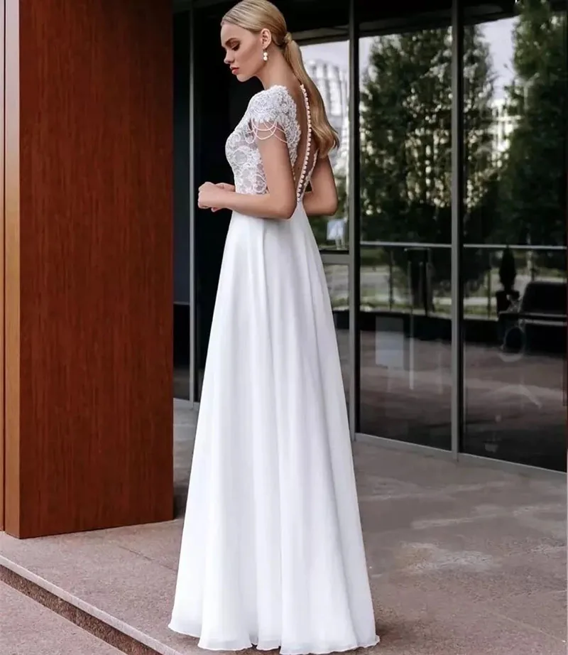 2021 Nové Elegantné Čipky Svadobné Šaty Krátke Rukávy Svadobné Šaty Výstrih Svadobné Šaty Ilúzie Tlačidlá Späť Na Predaj 1