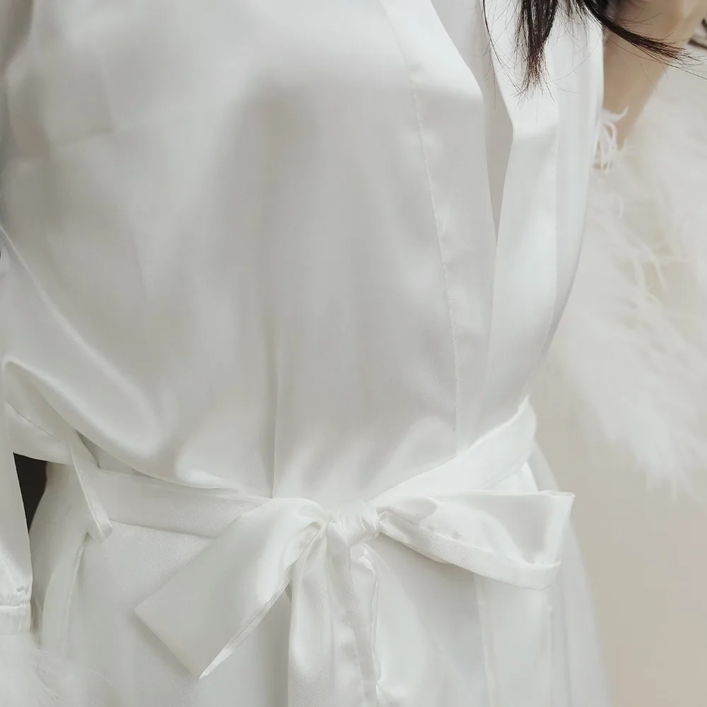 Biele Kimono Župan Šaty 2021 Nový Štýl Pierko Rukáv Sexy Bežné Odev Nevesty Bridesmaid, Svadobné Šaty, Krátke Sleepwear 1