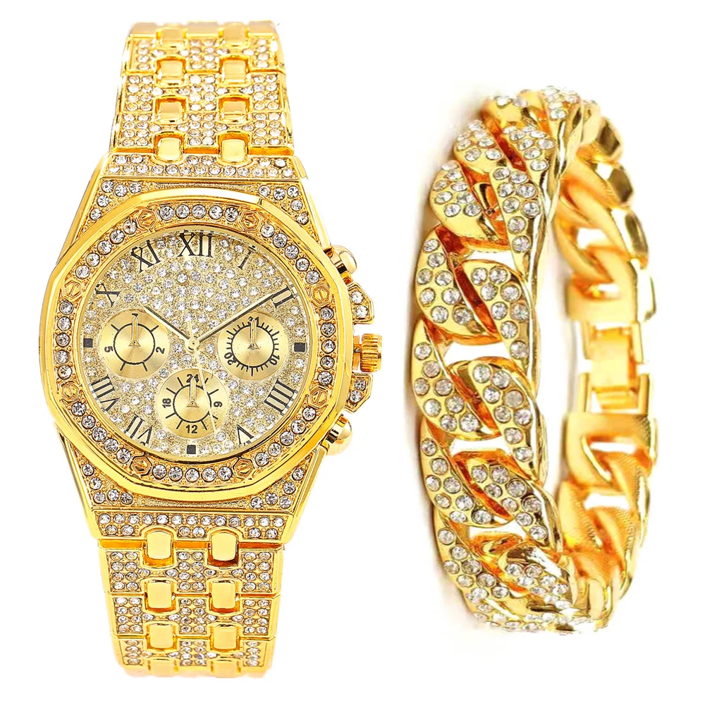 Chladný Ľadový Sa Pozerať + Náramok pre Mužov, Ženy, Pár Luxusné Hodinky Gold Diamond Muži Hodinky s Kubánskej Reťazca Šperky Dropshipping 1