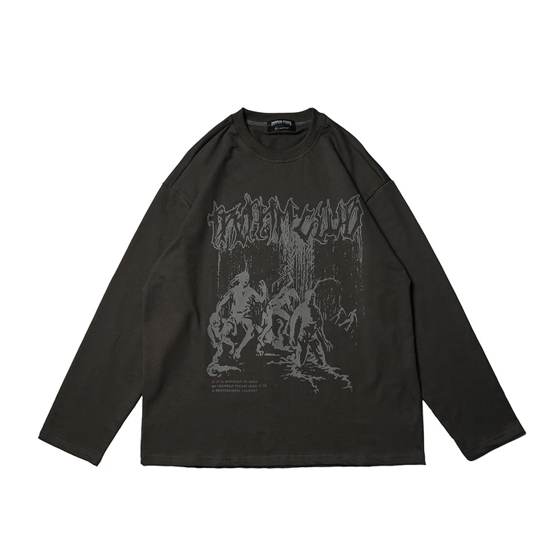 Hip Hop T-shirt Muž Gotický Streetwear Zombie Tlačiť T-shirt Jeseň 2021 Harajuku Bavlna Bežné Dlhý Rukáv T-shirt Čierna Košeľa 1