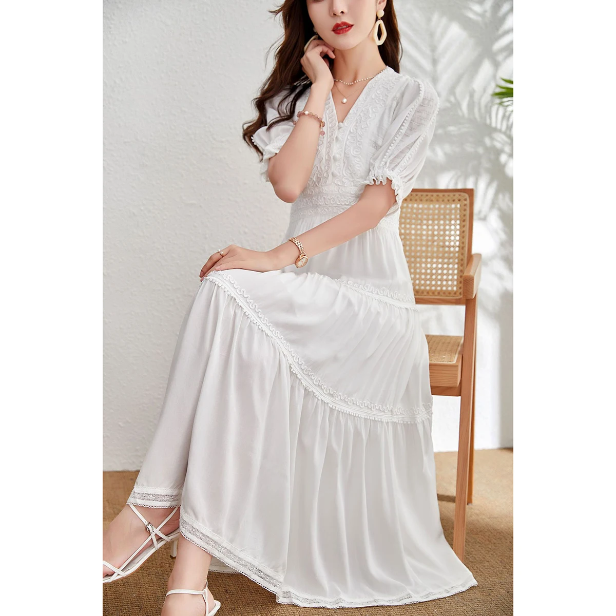 Jastie Retro tvaru Lístkového Rukáv Výšivky Maxi Šaty pre Ženy 2022 Lete Boho Dlhé Šaty Bielej Bavlny Bežné Plážové Šaty 1