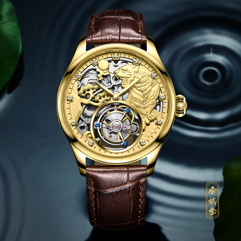 Luxusné hodinky mužov dizajnér značky slávny AESOP kostra hodinky tourbillon sapphire nepremokavé tiger kryštály dial ružové zlato striebro 1