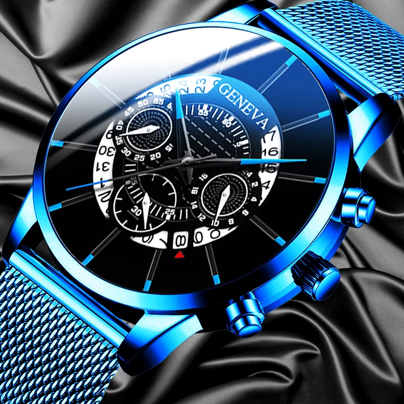 Luxusné pánske Módne Business Kalendár Hodinky Modré z Nehrdzavejúcej Ocele Oka Pásu Analóg Quartz Hodinky relogio masculino pánske hodinky 1