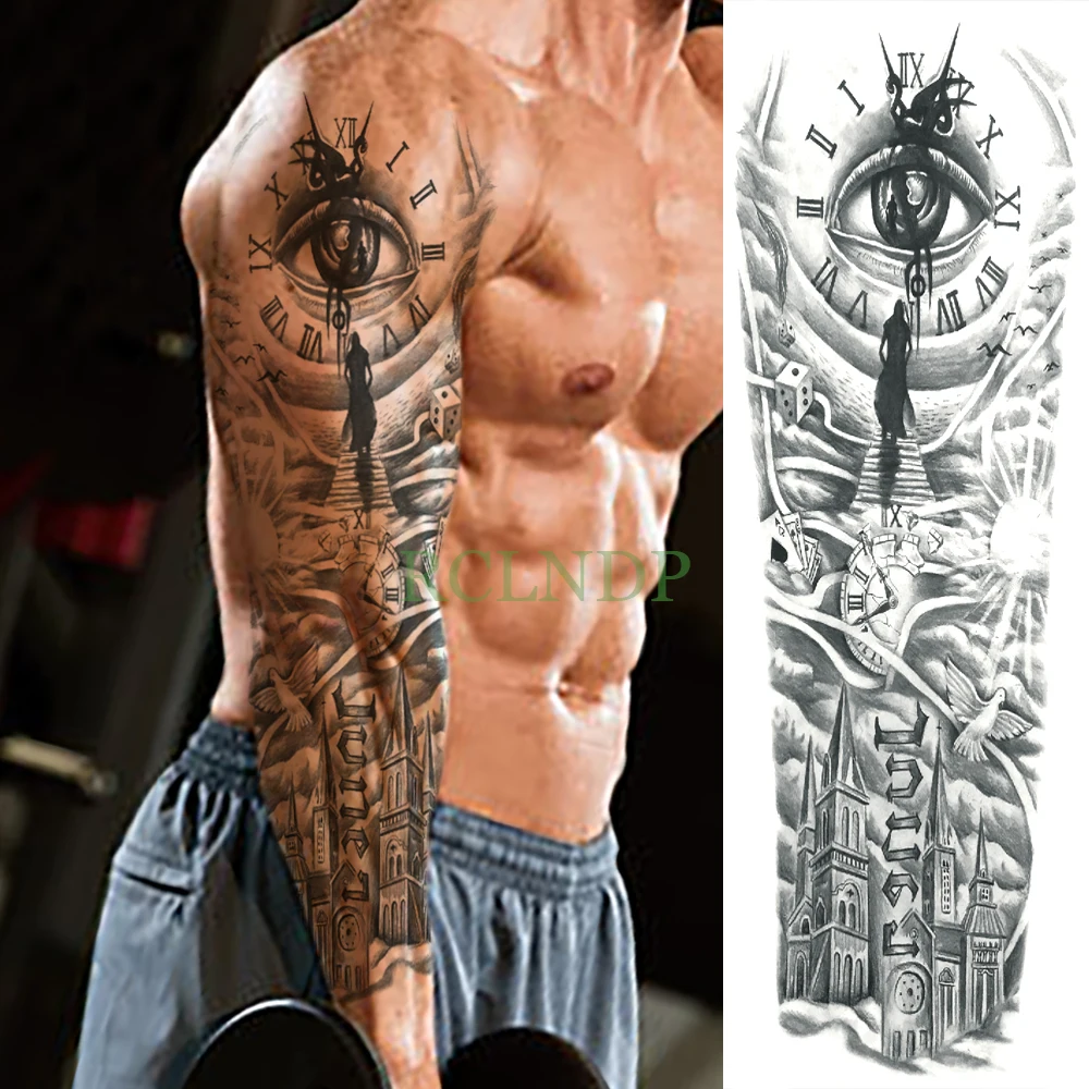 Nepremokavé Dočasné Tetovanie Nálepky oko hodiny vták Pagoda plný rameno veľká veľkosť falošné tatto flash tetovanie rukáv tato pre mužov, ženy 1