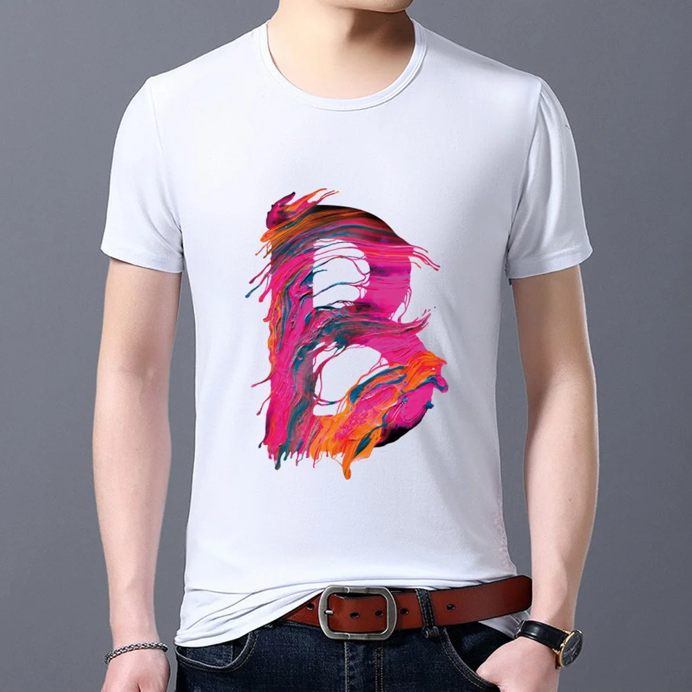 Oblečenie pre mužov Jednoduché T-shirt Tlače 26 anglickej Abecedy Série B Letter Tlač Maľovať O-krku Bežné Prímestských Slim Soft Top 1