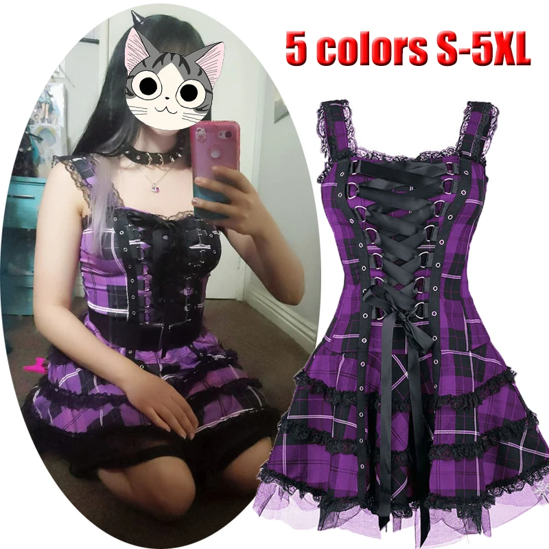 Plus veľkosť Ženy Šaty Gothic, Vintage Čipky Letné šaty Tmavé Lolita kostým steampunk Mini cosplay šaty Halloween NOVÝ oblek 1