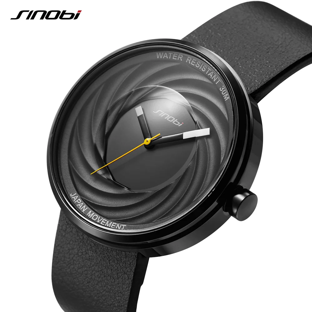 SINOBI Objektív Muži Ženy Japonsko Movt Hodinky Špirála Black Náramkové hodinky pravej Kože Quartz Unikátne Tvorivé Športové Hodinky timeSaat 1