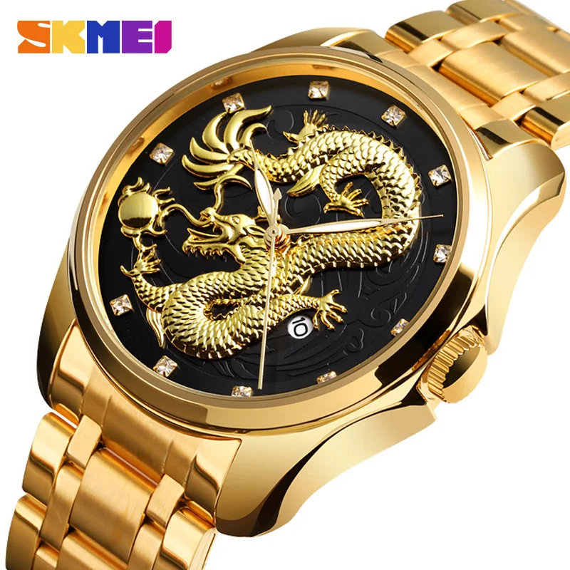 Top Značky Luxusné Golden Dragon Quartz Muži Hodinky SKMEI Nepremokavé Nerezové náramkové hodinky Muž Hodiny Relogio Masculino 1
