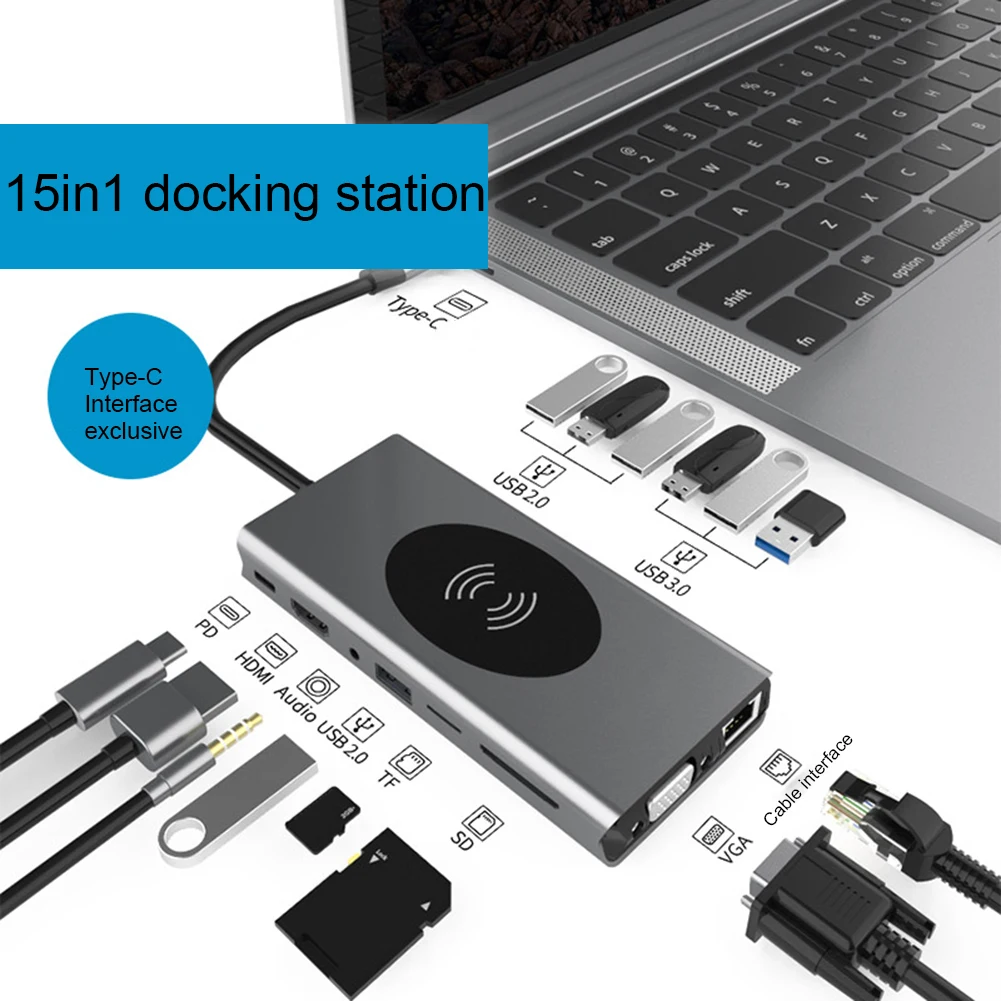 USB Typu C, HDMI, VGA 1080P USB3.0*4 RJ45 PD Audio3.5 SD 10W Bezdrôtovú Nabíjačku Adaptér USB Hub Rozbočovač pre Notebook, Mobilný Telefón 1
